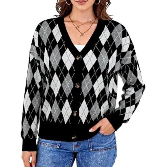Women’s V-Neck Long Sleeve Open Front Chunky Knit Cardigan Black White & Grey - Picture 6 of 6